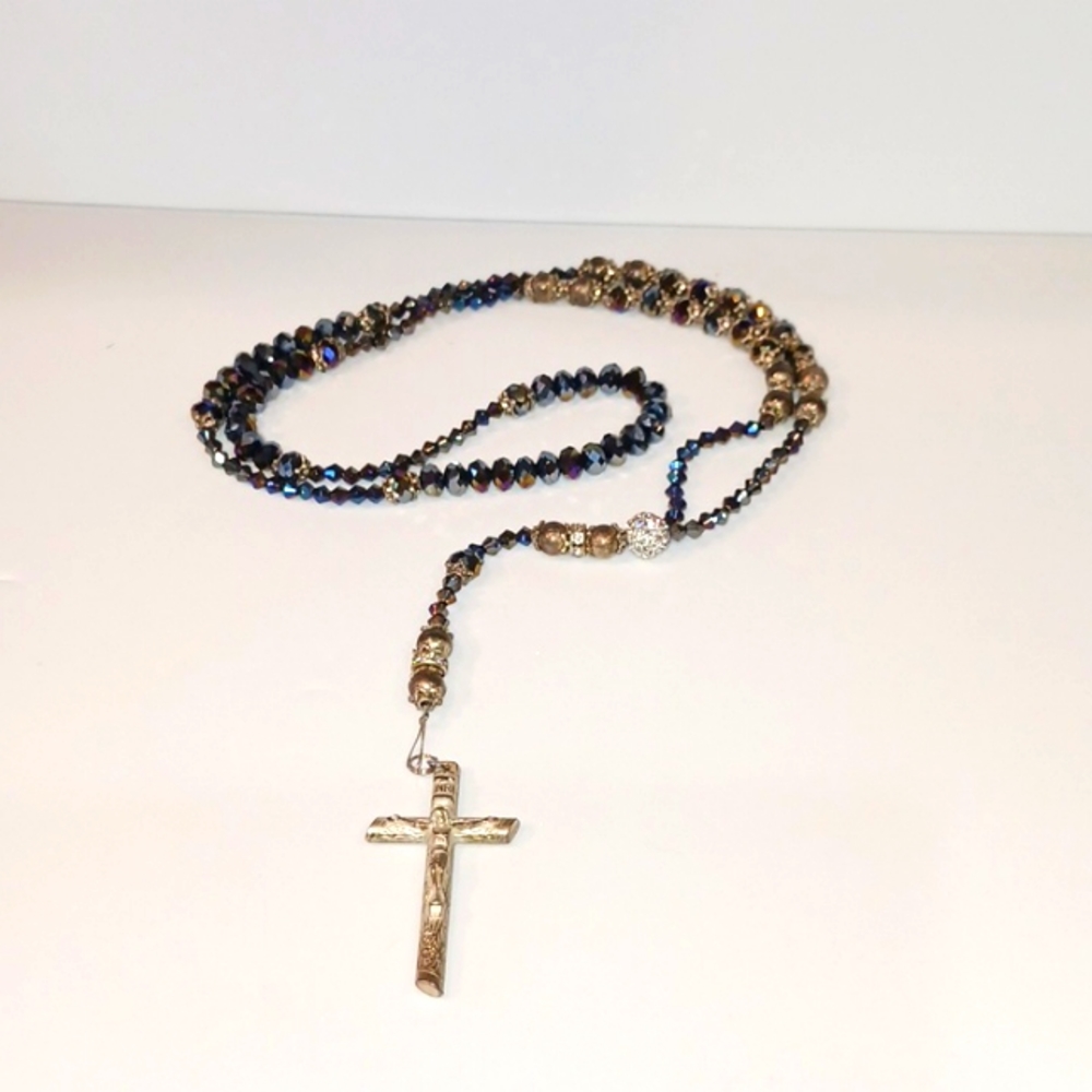 Vintage 70s Look Cross silver, crystal stones multi colors. 19 inches long.